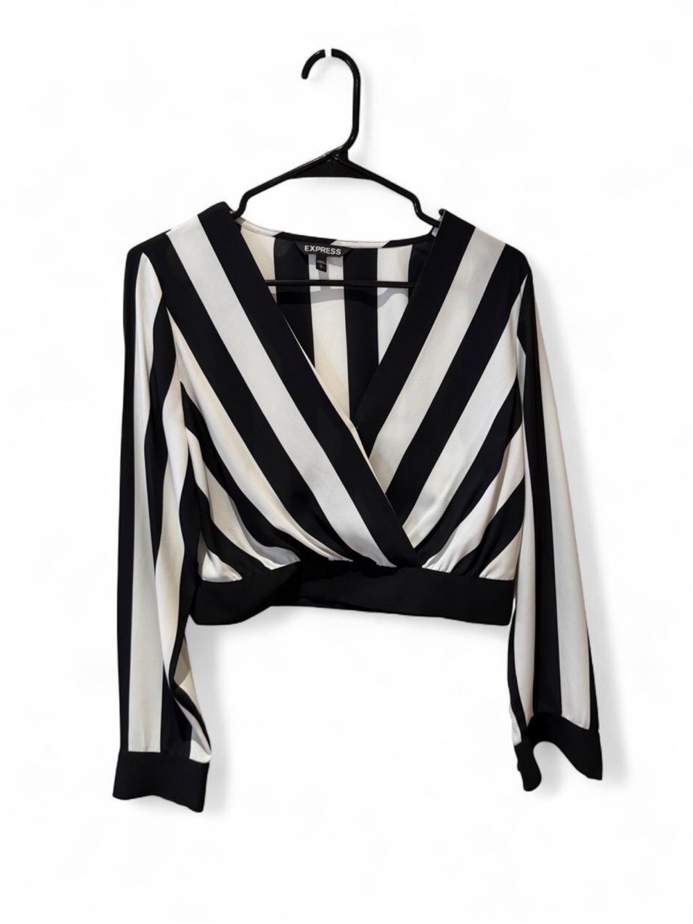 Express Black and White Diagonal-Stripe Wrap Blouse